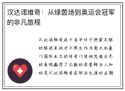 汉达诺维奇：从绿茵场到奥运会冠军的非凡旅程